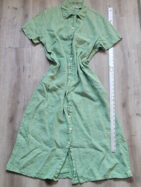 Vintage Sunbelt 100% Linen Button Up Shirt Dress Sage Green L Pockets Mexico